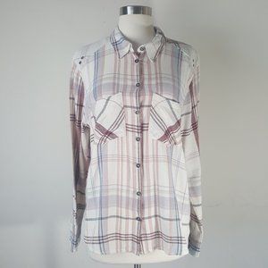 Free People Brown White Button Down Dress Shirt M